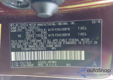 2016 Toyota Highlander Le V6 из США, поврежденный, VIN 5TDBKRFH9GS260425